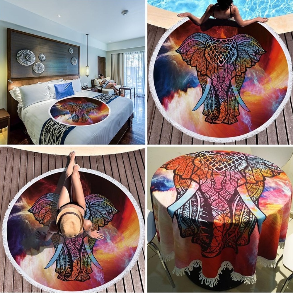Violet Mist Mandala Round Beach Towel Elephant Design 60” Microfiber Bohemian - Picture 3 of 6